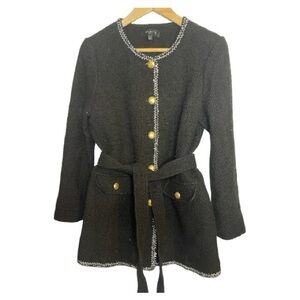 Talbots l Petite Black Bouclé Jacket Blazer Gold Buttons Tie Waist l 12P